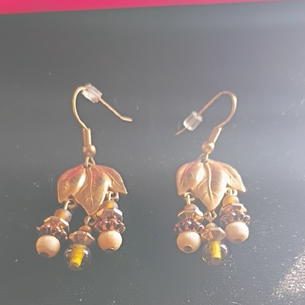 Gold Tone Leaf Dangle Earrings